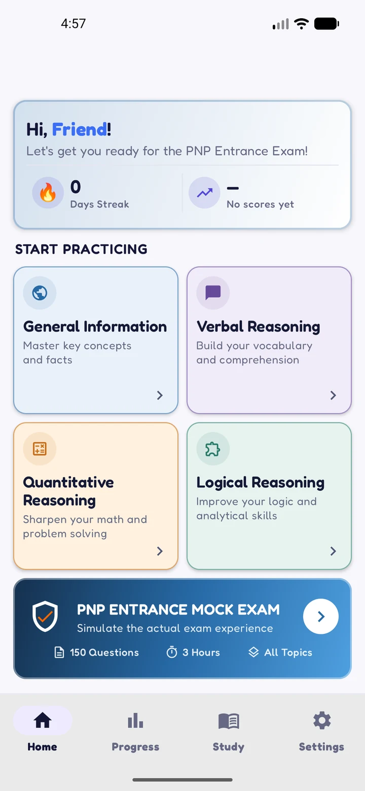 App home screen with the four exam subjects and the PNP Entrance Mock Exam