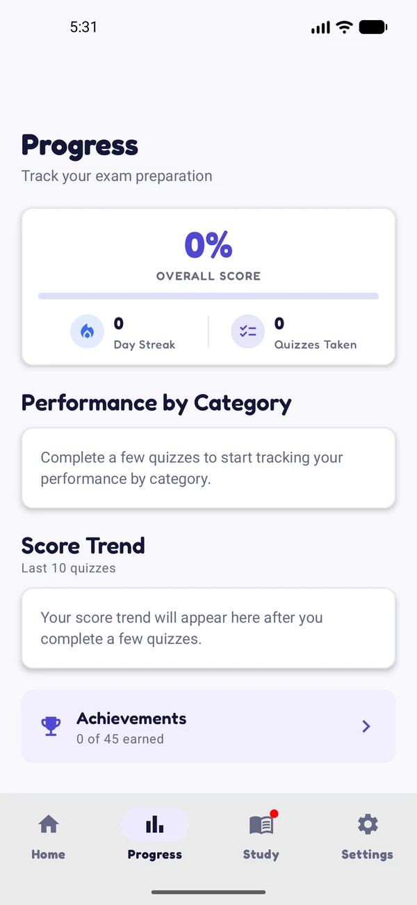 Progress screen with overall score, day streak, quizzes taken, and achievements