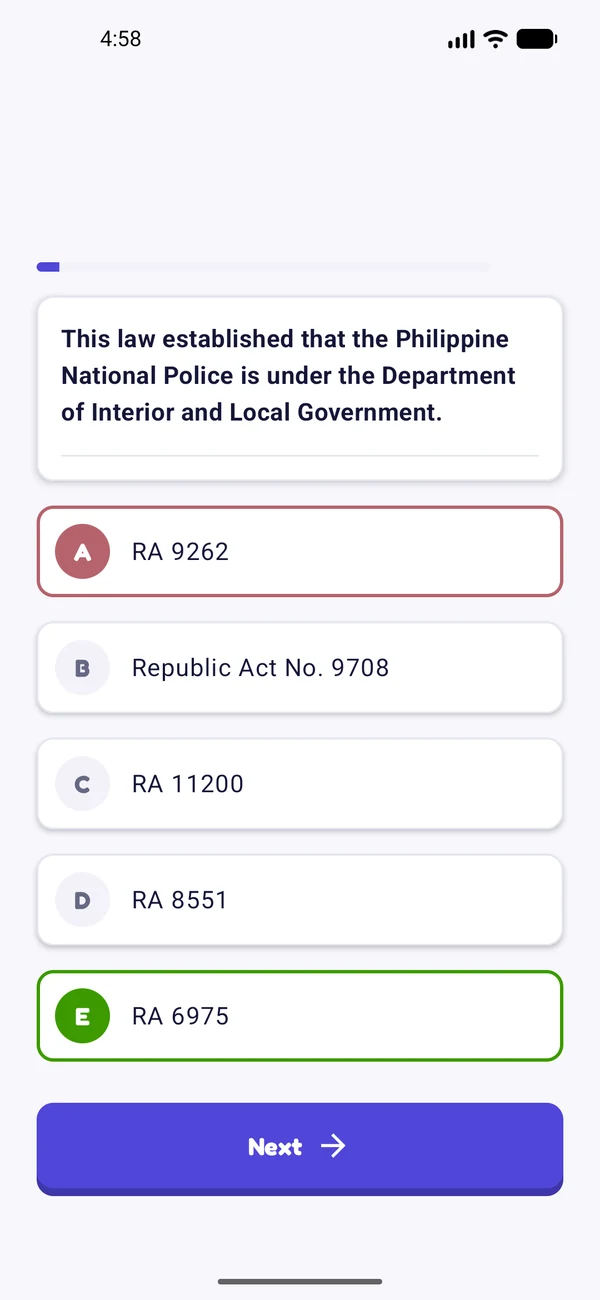 Practice question about the law that placed the PNP under the DILG, with the correct answer highlighted