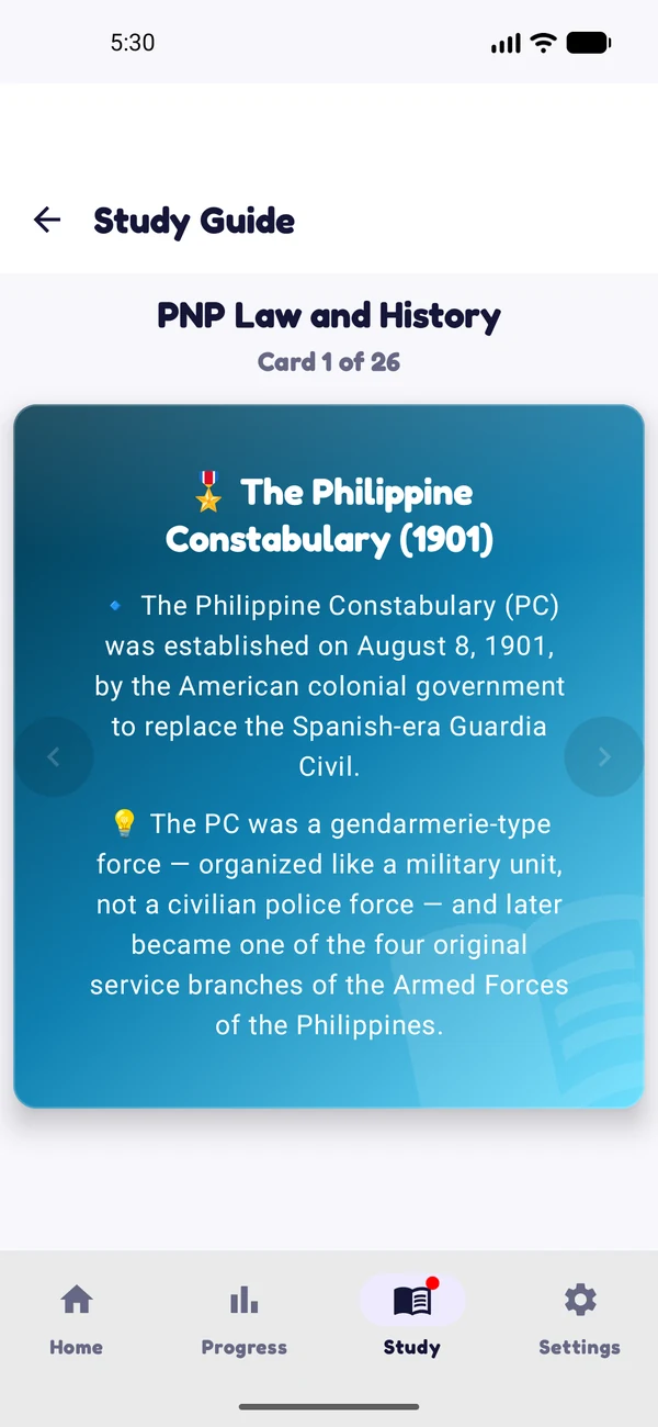 Study Guide card about the Philippine Constabulary established in 1901