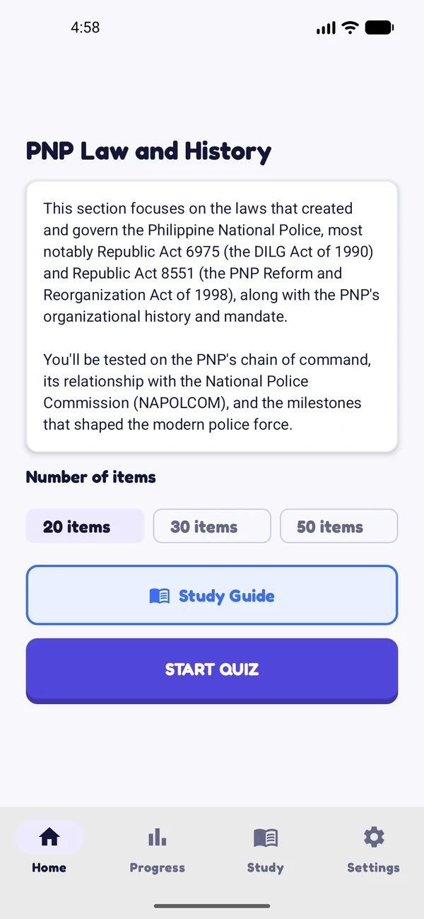 PNP Law and History topic screen with 20, 30, and 50-item quiz options and a Study Guide button